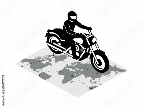 Motorcycle traveler riding on world map isometric vector