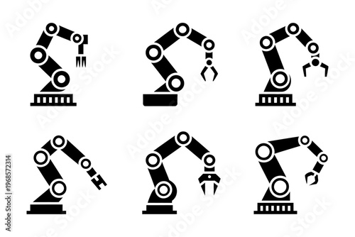 Vector of six different industrial robotic arms holding various tools and equipment