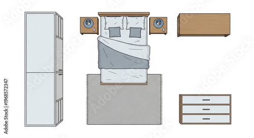Bedroom Layout with Furniture - Bed, Nightstands, Wardrobe, and Dresser.