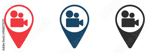 Video camera map label icon, interface symbol for mobile concepts and web apps, thin glyph style, rank titles concept, performance metrics, progress levels, achievement badges, status hierarchy, 