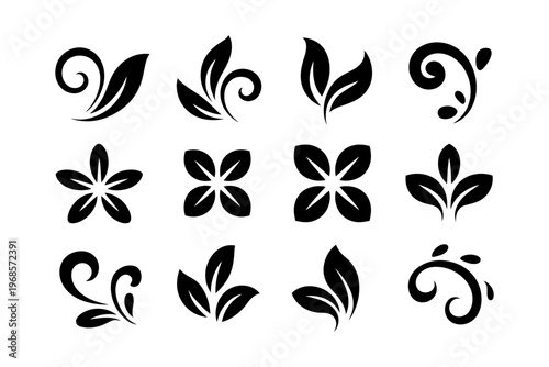 Vector of elegant black floral and leaf patterns in a symmetrical grid design.