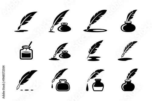 Collection of vectors featuring feather pens and ink bottles in various designs