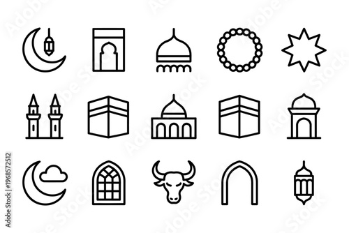 This image features a collection of vector islamic symbols and religious architecture icons.