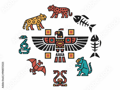 Pre-Columbian Aztec Mayan eagle symbol and animal totems vector