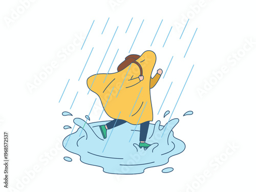 Man in yellow raincoat running and splashing in rain puddle