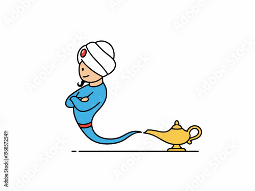 Genie Character Emerging from Golden Magic Lamp Vector
