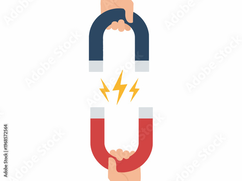 Hands Holding Horseshoe Magnets with Electric Energy Sparks