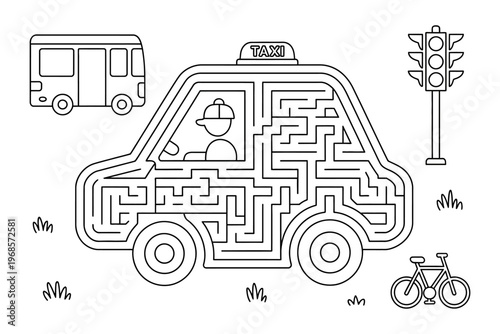 Maze in the shape of a taxi cab with a bus traffic light and bicycle vector