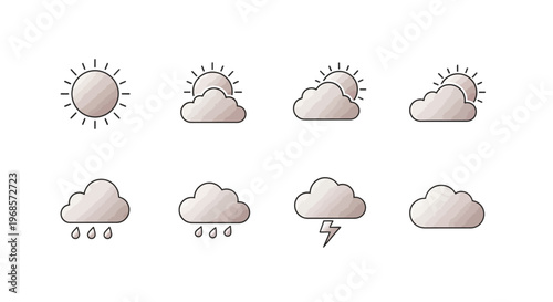 Weather forecast icons set with sun and clouds.