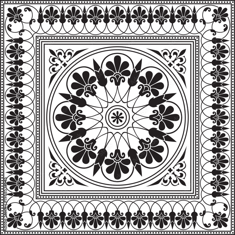 Obraz premium Vector black monochrome classic Greek square ornament. Rectangle of Ancient Greece and Roman Empire. Byzantine painting of walls, floors and ceilings. Decoration of European palaces. 