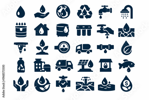 Water and Sustainability Icon Set with Conservation, Agriculture and Environmental Management Symbols