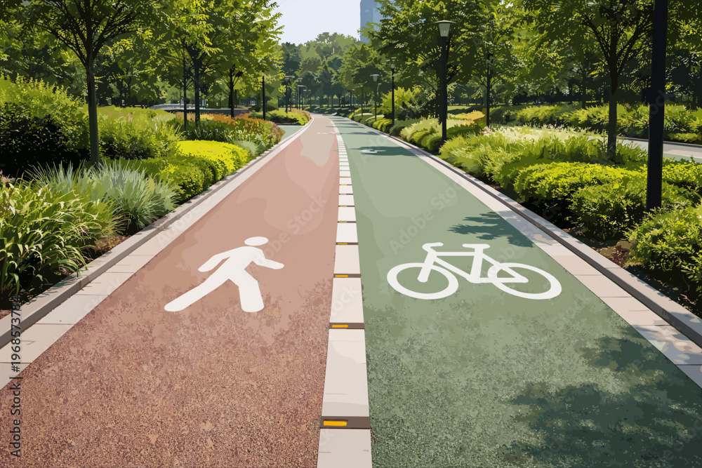 Obraz premium Pedestrian and Bicycle Lane in Urban Park with Sustainable Transport Concept