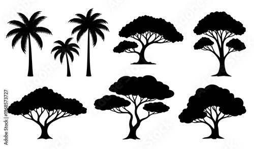 Stylized tropical tree silhouettes black vector set with artistic canopy shapes isolated on white background