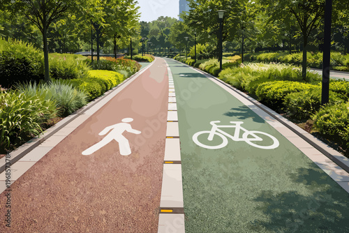 Pedestrian and Bicycle Lane in Urban Park with Sustainable Transport Concept