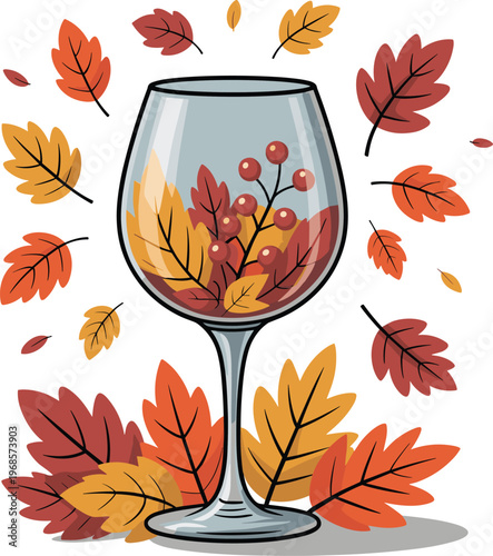 Autumn Leaves and Berries in Wine Glass, Falling Leaves, Fall Season Celebration, Stock Media