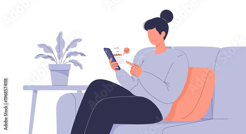 Woman using mobile device sitting on a sofa with houseplant