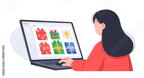 Woman using laptop to shop for gifts online ecommerce retail present delivery concept illustration