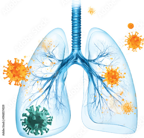 3d realistic simple illustration of transparent blue lungs with orange accents