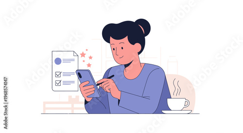 Woman using mobile device with coffee vector illustration