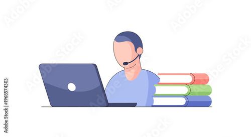 Person with headset using laptop next to stack of books education technology concept