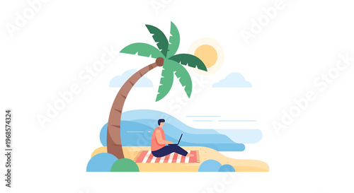 Person working on laptop at beach vector illustration concept remote work online business internet connection digital nomad vacation