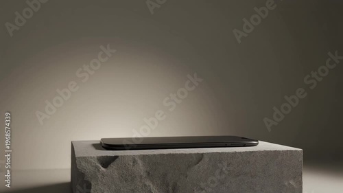 Black Smartphone Lying on Stone Block with Minimalist Grey Background