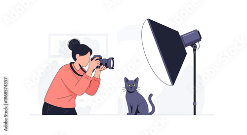Photographer taking photo of cat in studio setting illustration