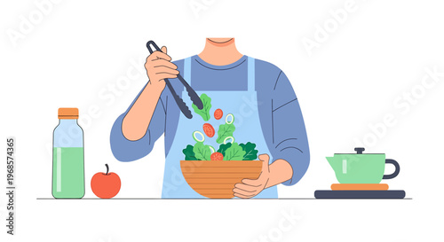 Preparing fresh salad ingredients in kitchen setting cooking food concept illustration