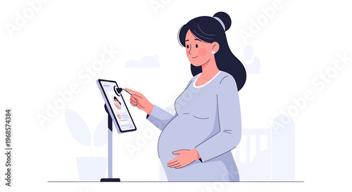 Pregnant woman using digital tablet for remote healthcare communication
