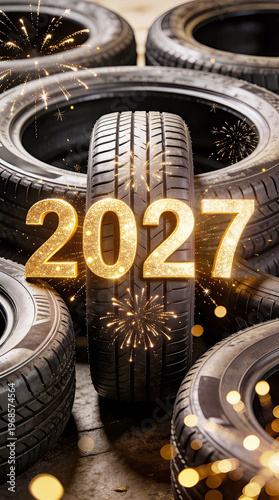 Festive concept for tire shops, car dealerships, and auto repair shops. Gold numbers 2027. New Year and Christmas, car dealerships, auto repair shops, promotional campaigns