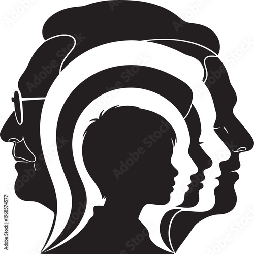 Generational family silhouettes in profile, representing life stages from child to elder, vector illustration