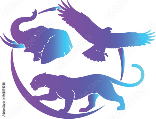 Elephant Eagle and Panther Gradient Silhouette Circular Animal Logo Vector Design