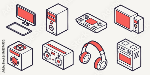 Isometric vector icon set of home electronics and office technology featuring computer, television, gaming console, printer, headphones, speakers, and household appliances. vector icon