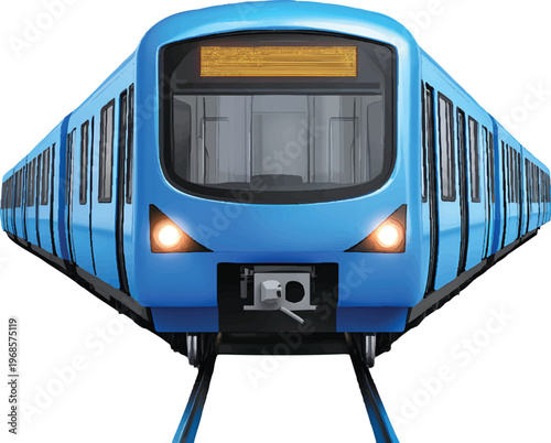 a blue subway train with black windows and white doors on the sides, a simple design