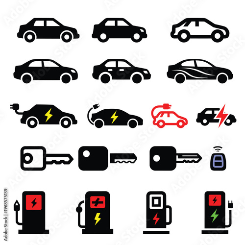 Collection of electric car icons and symbols including charging stations and car keys