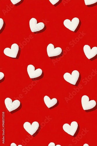 White heart shapes scattered on bright red background, love and romance concept, pattern with shadows, minimal decoration for Valentine or wedding celebration design.