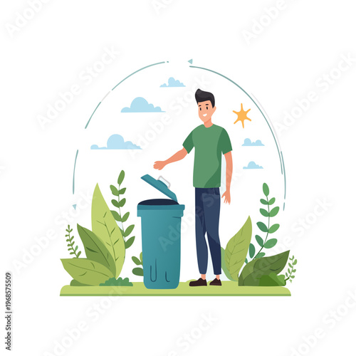 Man throwing trash into a recycling bin, promoting environmental awareness and sustainability