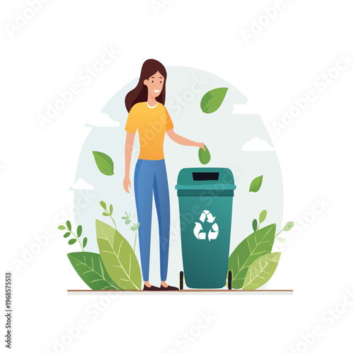 Smiling woman actively participates in environmental protection by sorting and disposing of waste into a green recycling bin, promoting eco-friendly habits and a sustainable future