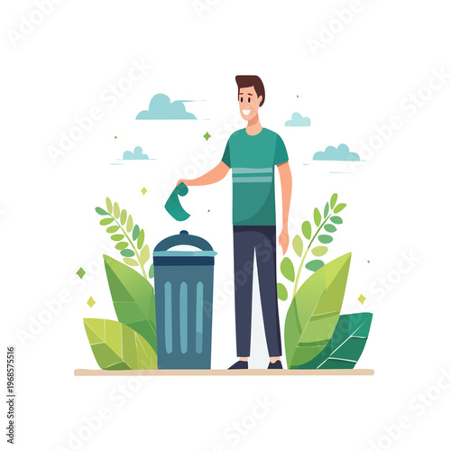Man throwing trash into recycling bin with plants and clouds in the background, promoting eco-friendly habits and environmental awareness for a cleaner planet