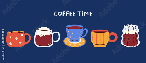 Coffee time banner with cute mugs and cups. Set of cozy hand drawn hot drinks on dark blue background. Espresso, latte, and cappuccino icons for cafe design. Vector illustration