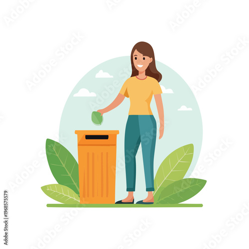 Illustration of a happy woman responsibly disposing of waste into a public trash bin, emphasizing environmental protection, community cleanliness, and sustainable living practices