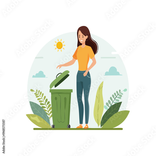 Young woman actively participating in waste management, placing refuse into a green recycling bin under a sunny sky, promoting environmental responsibility and sustainable living practices
