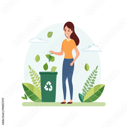 Woman recycling leaves and waste into a green bin with a recycling symbol, promoting environmental awareness and sustainability