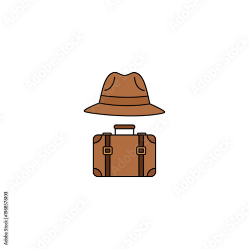 Brown hat and leather travel suitcase.