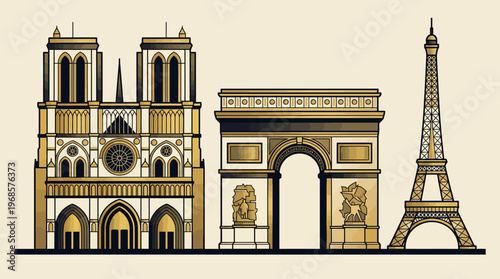 Paris Famous Landmarks Illustration - Notre Dame, Arc de Triomphe, and Eiffel Tower in Elegant Gold and Black Vector Style
