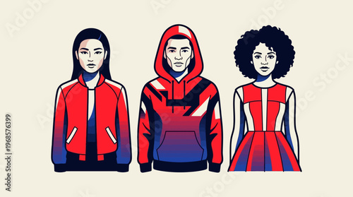 Diverse Trio of Young People in Stylized Red and Blue Streetwear Graphic Illustration