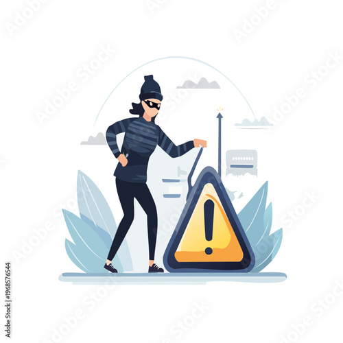 Illustration of a masked hacker with a prominent warning sign, symbolizing digital data theft and the critical need for robust cybersecurity
