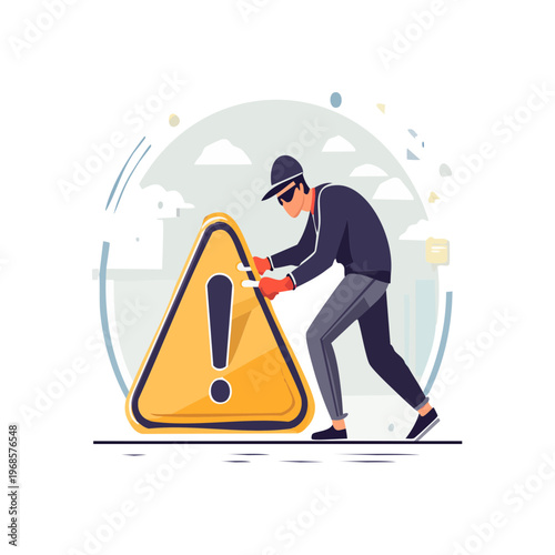 Warning sign with a person pushing it, illustrating a security alert or a potential hazard warning