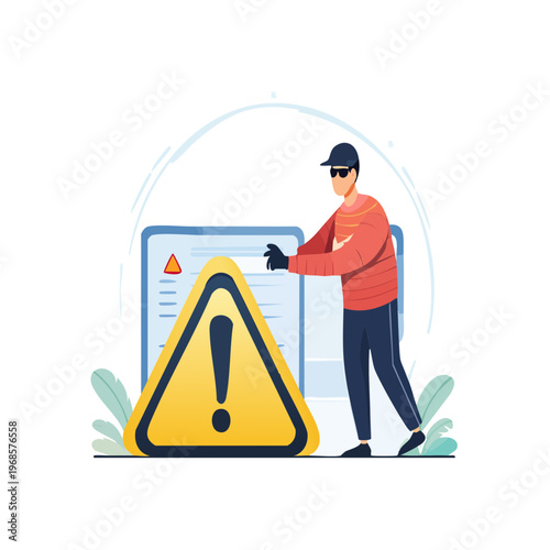 Cybersecurity threat warning with a hacker attempting to breach data, emphasizing online security risks and digital privacy protection