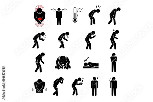 Vector Icon Sheet Medical Symptoms Silhouettes Isolated Pain, Fever, Fatigue, Nausea, Cough, Headache, Loss of Appetite, Night Sweats, Malaise, and General Discomfort